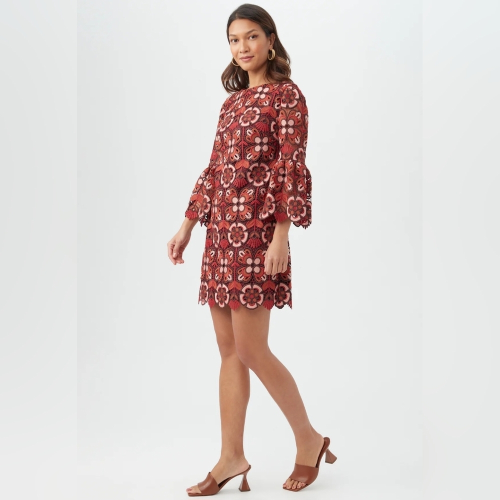 Trina Turk Smolder 3/4 Bell Sleeves Lace Shift Dress: Brown Multi